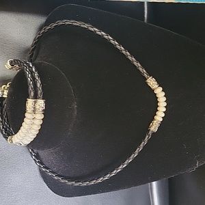 Necklace and Bracelet Braided Black with White Beads.